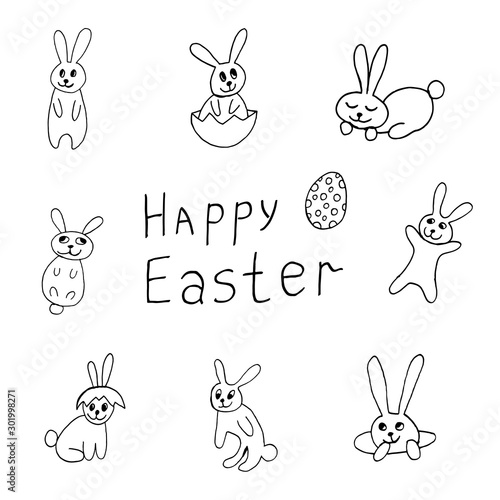 Cute easter icon and animal pet collection, with easter eggs in nest, rabbit and lettering. Hand drawn vector illustration.