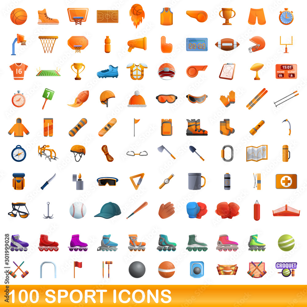 100 sport icons set. Cartoon illustration of 100 sport icons vector set isolated on white background 100 sport icons set. Cartoon illustration of 100 sport icons vector set isolated on white background
