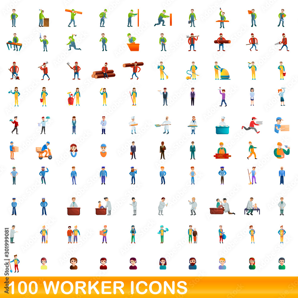 100 worker icons set. Cartoon illustration of 100 worker icons vector set isolated on white background