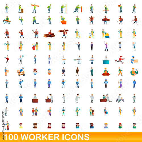 100 worker icons set. Cartoon illustration of 100 worker icons vector set isolated on white background