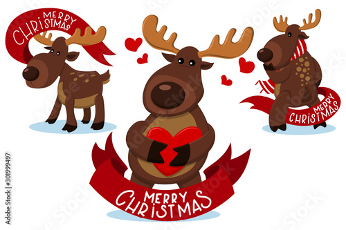 Cute Christmas reindeer characters with red ribbon banner. Funny deer vector cartoon set isolated on a white background.