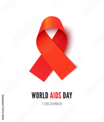 World AIDS day symbol realistic vector illustration. Red color silk ribbon isolated on white background. December first, acquired immune deficiency syndrome awareness. HIV positive people support