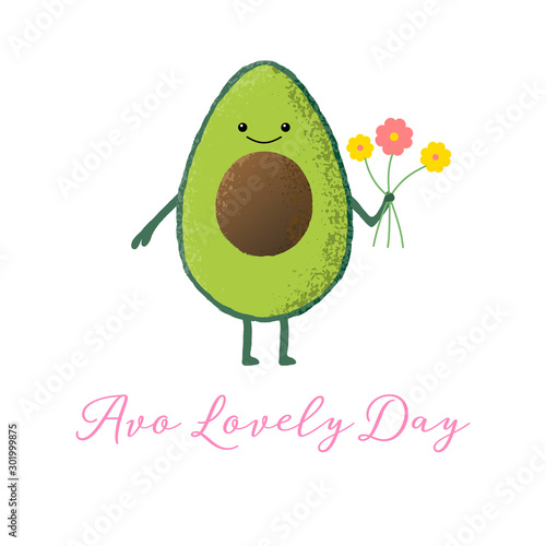 Vector illustration of an isolated cute kawaii avocado character holding a bunch of flowers. Avo lovely day.