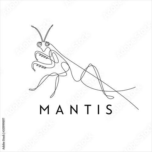 Continuous line, one line art logo of a praying mantis. Minimal business branding concept.