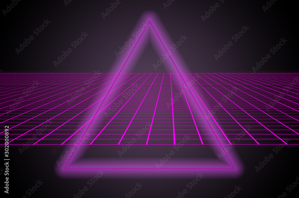 80s style sci-fi, black background behind purple triangle in the middle of an illustration. futuristic poster template. Synthwave banner.
