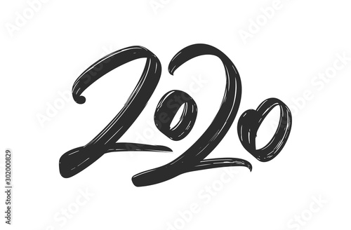 Hand drawn brush ink lettering of 2020. Happy New Year. Chines calligraphy