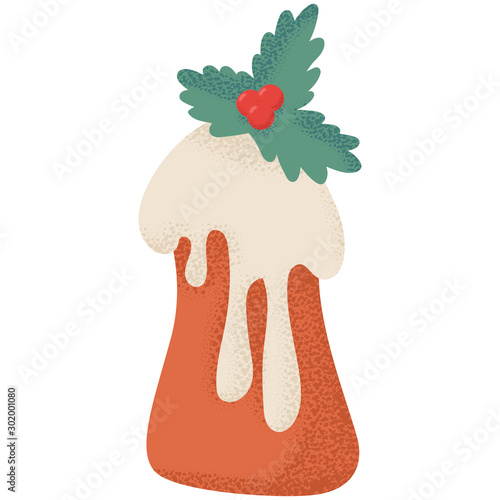 Christmas pudding with cream and holly berry leaves vector cartoon illustration isolated on a white background.