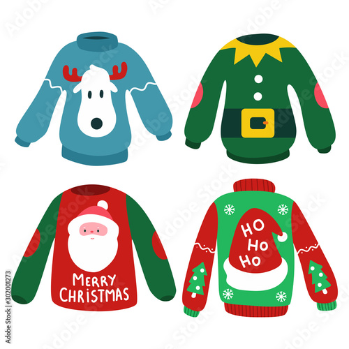 Christmas jumper with reindeer, elf, Santa head and hat vector cartoon set isolated on a white background.