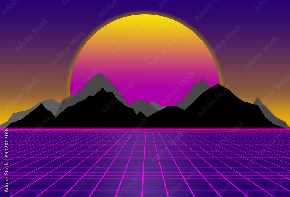 80s style sci-fi, purple background with sunset behind black and gray mountains. futuristic illustration or poster template. Synthwave banner.