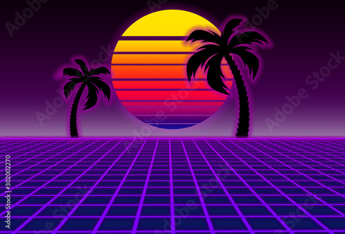 80s style sci-fi, purple background with sunset and palms. futuristic illustration or poster template. Synthwave banner.