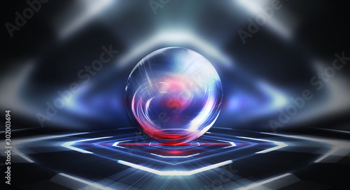 Glass bowl. Abstract futuristic background, neon lines, abstract light, tunnel, corridor. Symmetric reflection, gloss. Transparent ball, circle.