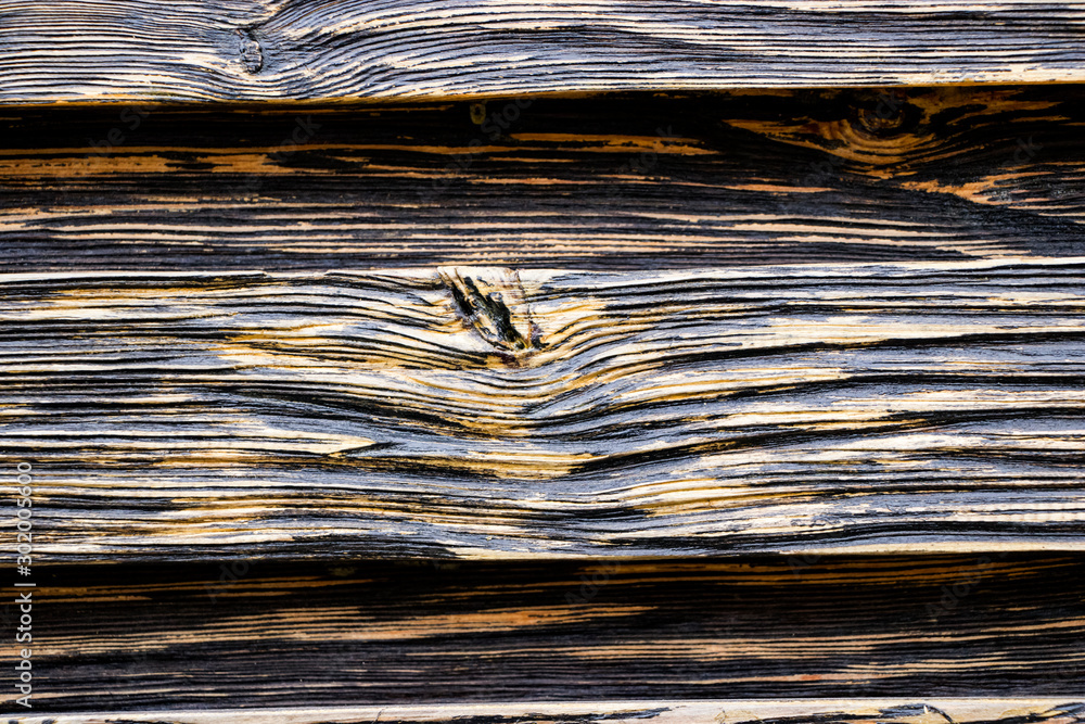 Fototapeta premium Aged wood texture. Boards are black and brown. Artificially aged wood. Deep texture. The concept of an old tree.