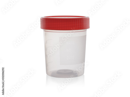 Plastic container for medical tests with reflection. Isolated on white background