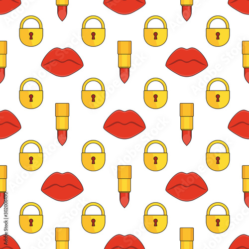 Seamless pattern with red plump sexy female lips, lipstick and lock.