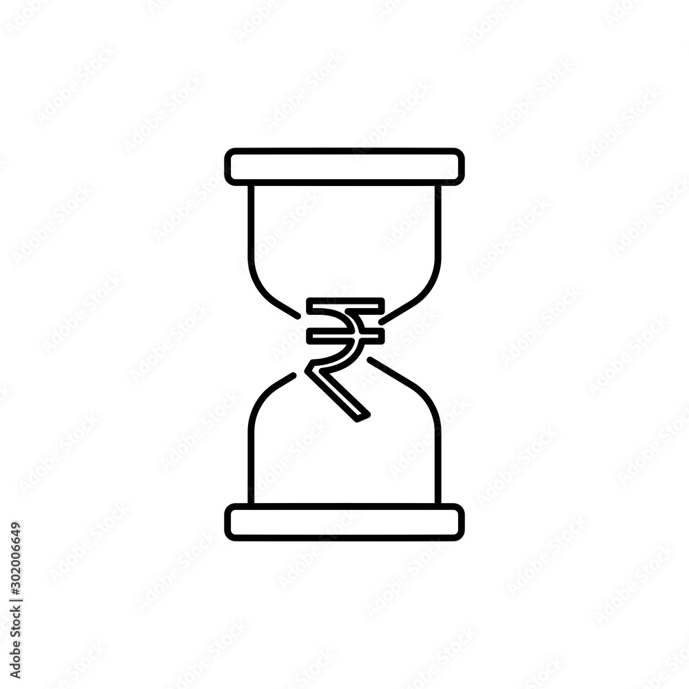 Concept of Indian economy, Hour glass. Indian rupee sign. Outline thin line flat illustration. Isolated on white background. 