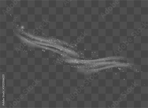 Fog vector. Snow and wind on a transparent background. Illustration of a white gradient of snow and wind with snowflakes. Decorative element.
