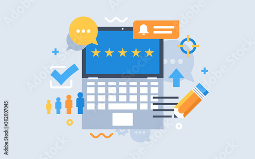 Concept illustration - feedback, reviews and rating, testimonials, like, communication. communications and technology reviews. Vector illustration.