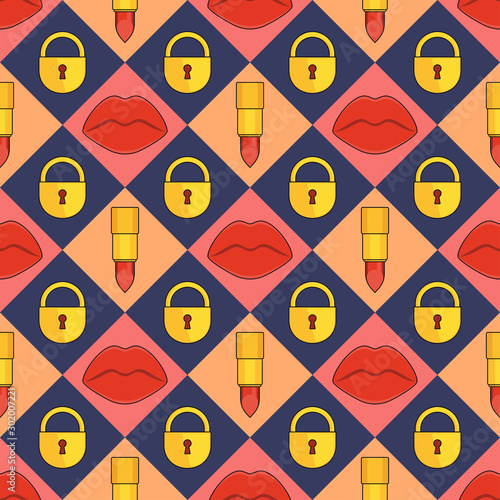 Seamless pattern with red plump sexy female lips, lipstick and lock.