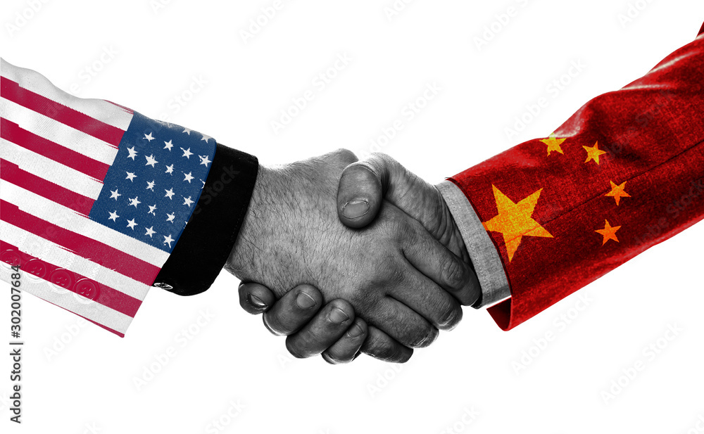 .Print screen of USA and China flag on shirts of businessman hand ...