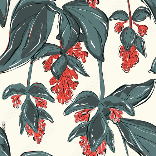 Beautiful green leves and red flowers vintage Floral pattern. Tropical exotic bloom botanical Motifs vertical print. Seamless vector texture fashion prints in vector