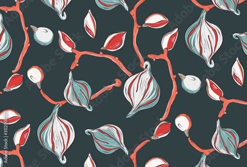 Fig drawing seamless pattern in re, orange, dark green colors, simple trendy summer design. Modern tropical plant, exotic food repetition background