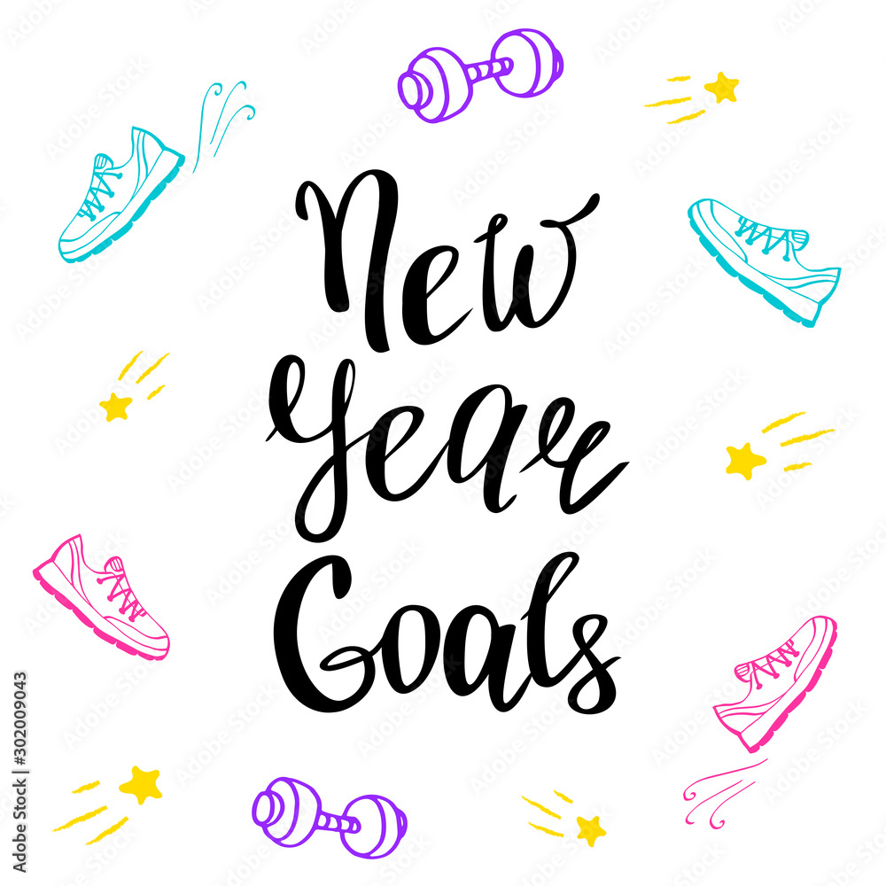 New Year Goals, banner template with handwritten lettering. Plan of personal growth for the next year. Inspiration and motivation, fitness theme. Sports achievements