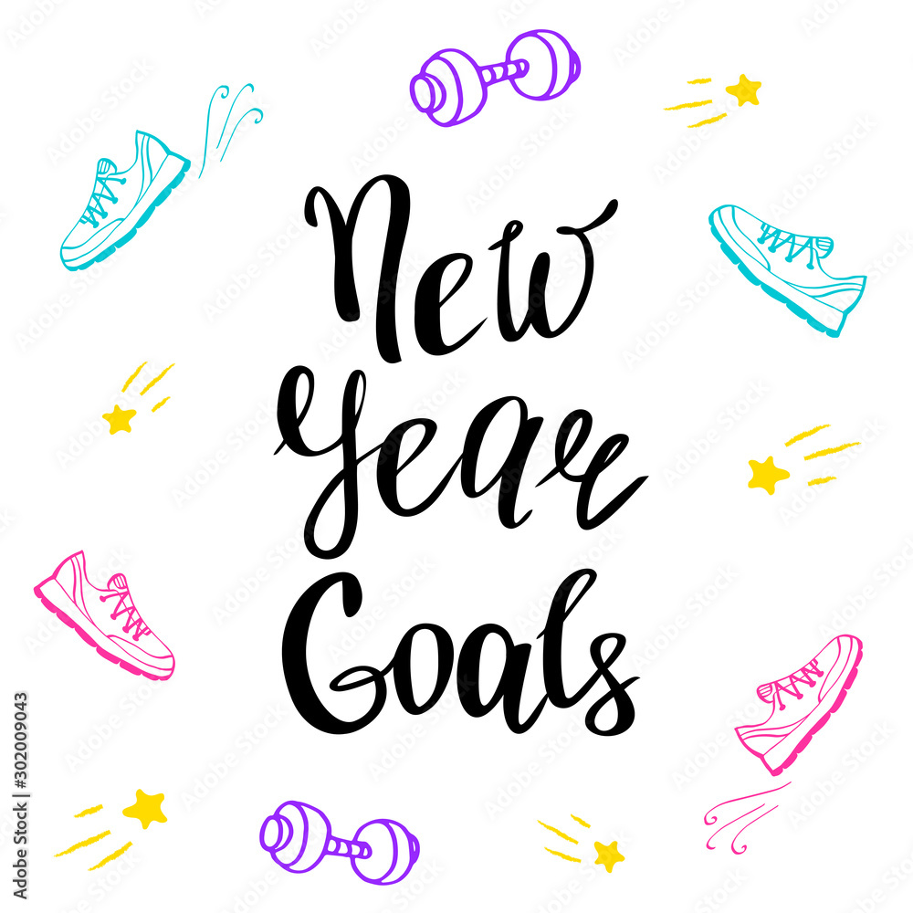 New Year Goals, banner template with handwritten lettering. Plan of personal growth for the next year. Inspiration and motivation, fitness theme. Sports achievements New Year Goals, banner template with handwritten lettering. Plan of personal growth for the next year. Inspiration and motivation, fitness theme. Sports achievements