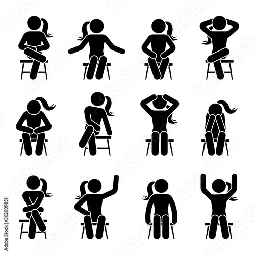 Sitting on chair stick figure woman different poses pictogram vector icon set. Girl silhouette seated happy, comfy, sad, tired, depressed sign on white background