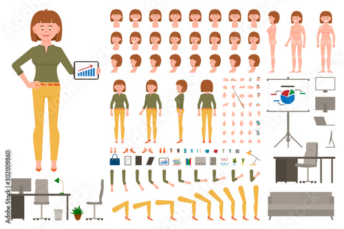 Light brown hair office worker girl cartoon character body parts creation set. Young woman in yellow pants standing with tablet vector constructor illustration on white background