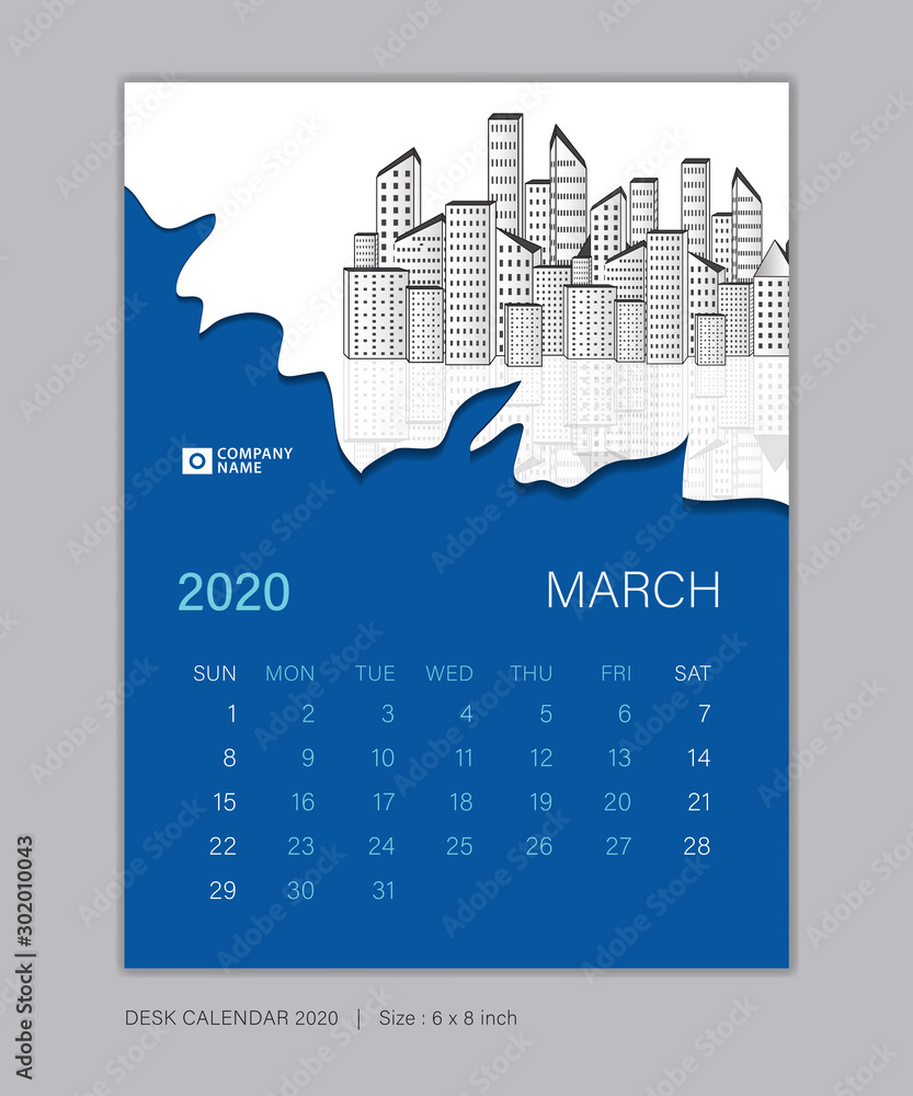 Calendar 2020 template, MARCH, Desk Calendar for 2020 year, week start on sunday, planner design, wall calendar, Poster, flyer, stationery, printing, vertical page, Blue abstract background