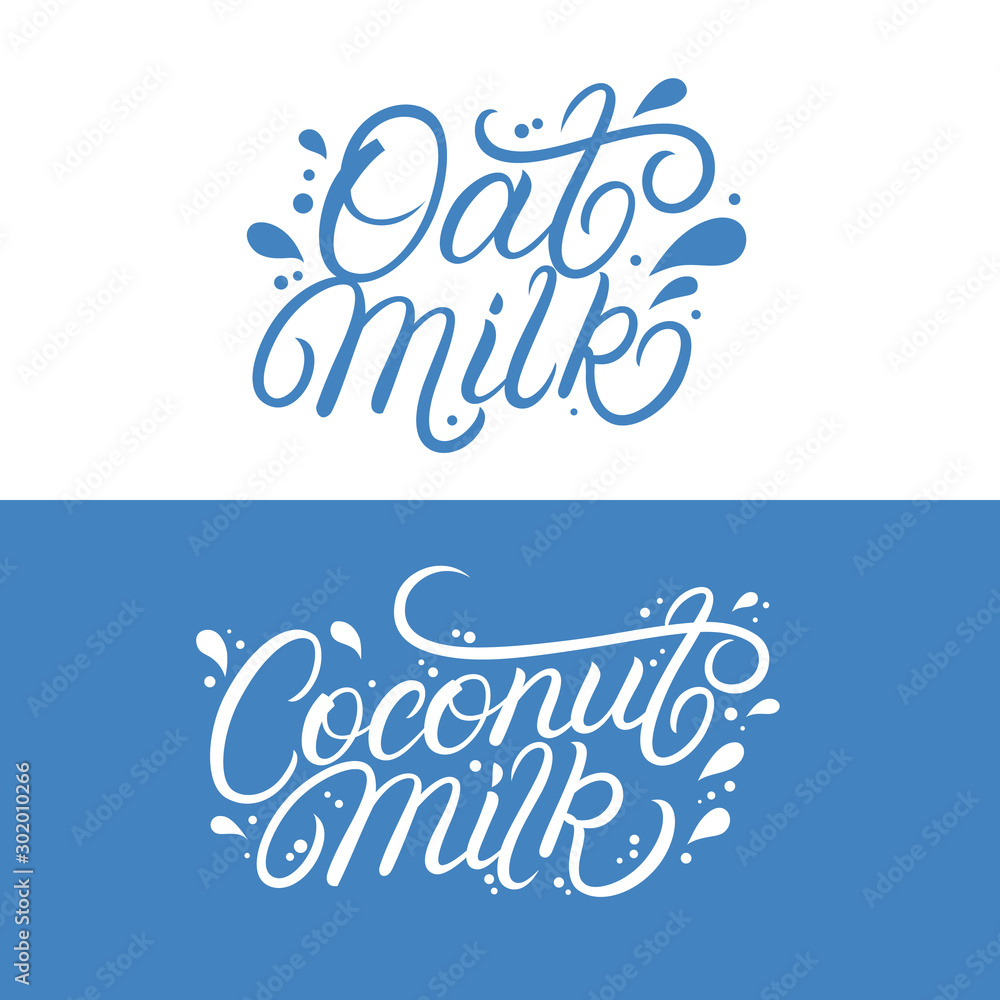 Oat and Coconut milk lettering logo set. Oat and Coconut milk lettering logo set.