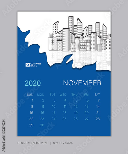 Calendar 2020 template, November, Desk Calendar for 2020 year, week start on sunday, planner design, wall calendar, Poster, flyer, stationery, printing, vertical page, Blue abstract background