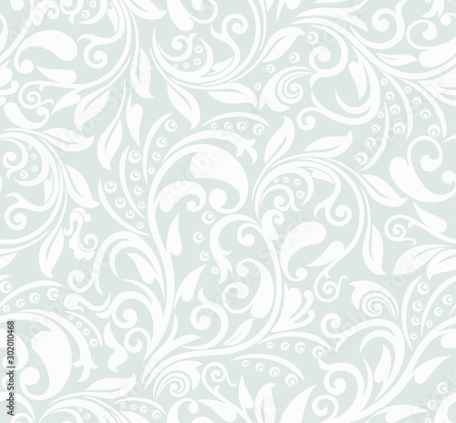 Seamless grey background with white pattern in baroque style. Vector retro illustration. Ideal for printing on fabric or paper for wallpapers, textile, wrapping.