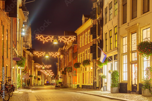 Shopping street with christmas lights in the city center of Zutphen
