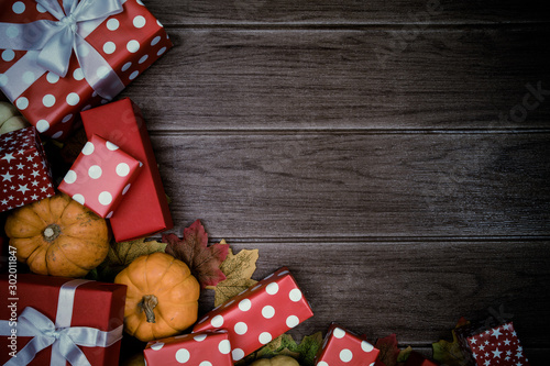 Gift box red and Accessories for Holiday Christmas background , thanksgiving Festival 2019, Copy space for text.