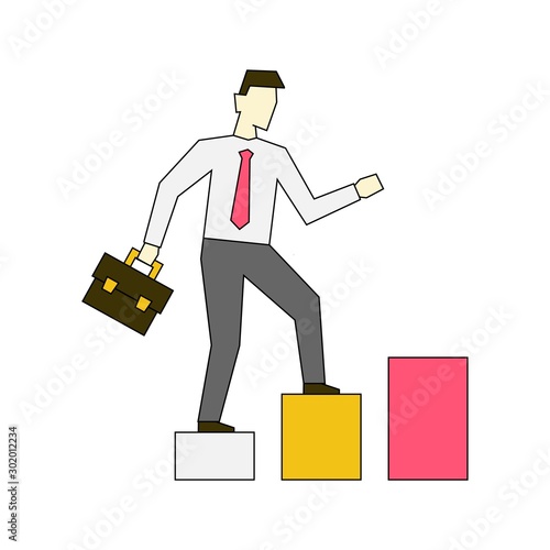 Businessman going up the stairs. Businessman going up the stairs. Businessman with suitcase climbing the stairs of success. Concept for successful business, professional growth. Editable stroke