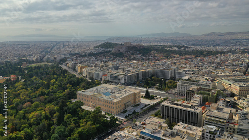 Fototapeta Naklejka Na Ścianę i Meble -  Aerial drone photo of Greek Parliament building in syntagma square in the heart of Athens, Attica, Greece