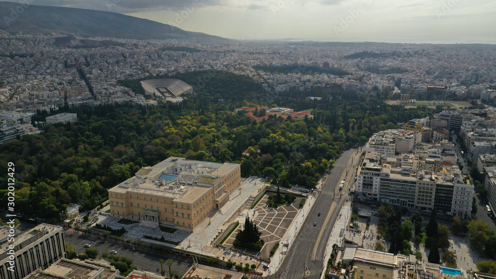 Aerial drone photo of Greek Parliament building in syntagma square in the heart of Athens, Attica, Greece