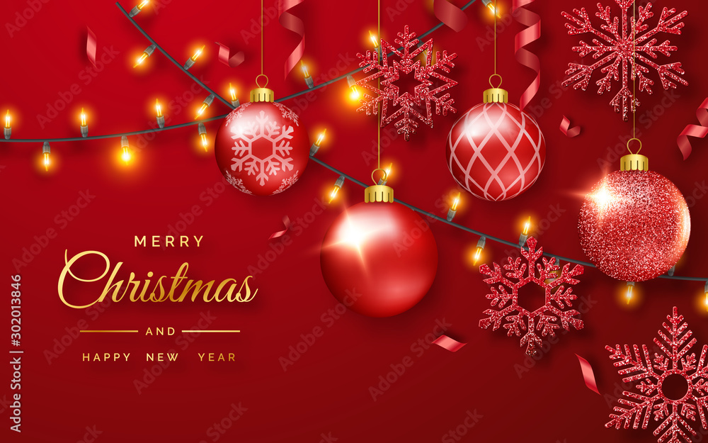 Christmas background with shining snowflakes, garland and colorful balls. New year and Christmas card illustration on red background