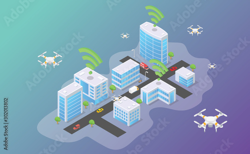 drone technology flying in top of smart city with isometric modern flat style - vector