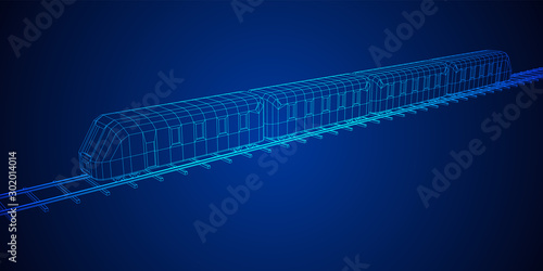 Modern high speed train on straight rails. Railway wireframe low poly mesh vector illustration