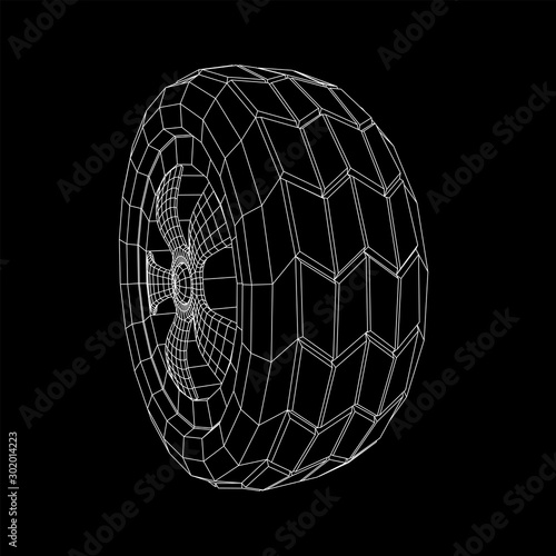 Automobile rubber car wheel tire and rim. Wireframe low poly mesh vector illustration. Auto service repair concept.