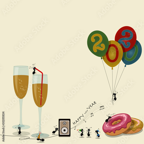 formiche che festeggiano il capodanno con musica dolci e spumante