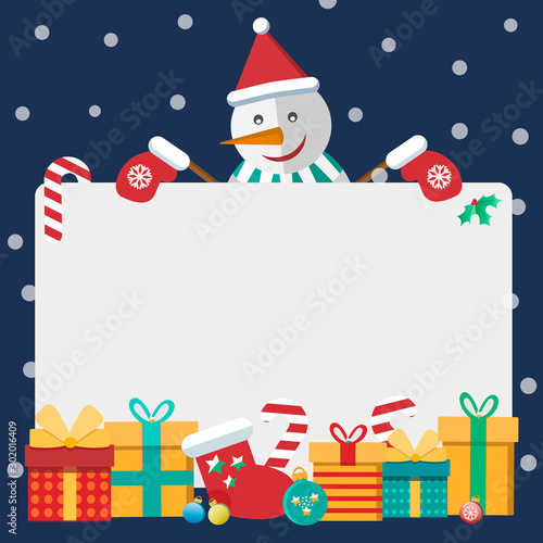 Flat illustrations with a snowman and gifts. Christmas greeting card.Vector illustration for greeting card or poster.