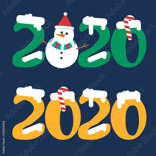 Flat icons with Christmas 2020 with replacement background. Greeting card.Vector illustration for greeting card or poster.