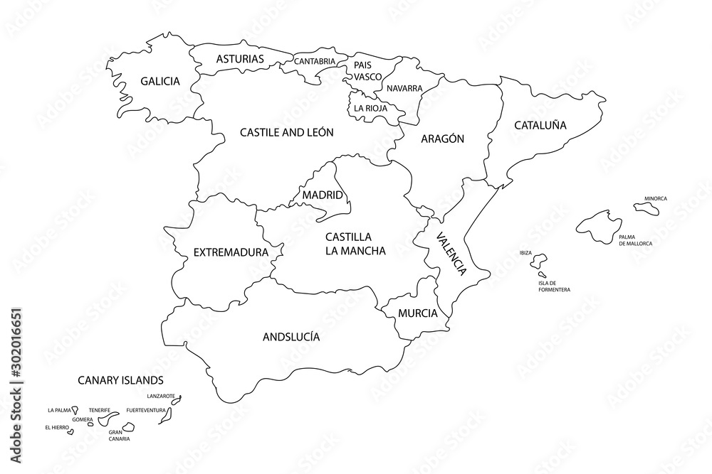 Map of Spain with borders of regions, states or autonomous communities. Detailed black outline map silhouette for banner, poster,  web-site. Travel concept. EPS10 illustration.