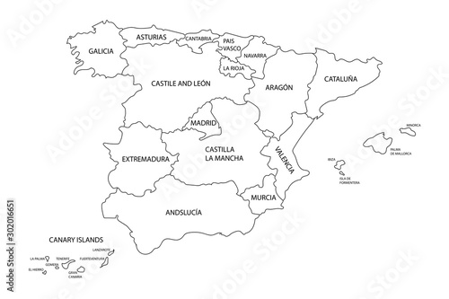 Map of Spain with borders of regions  states or autonomous communities. Detailed black outline map silhouette for banner  poster   web-site. Travel concept. EPS10 illustration.