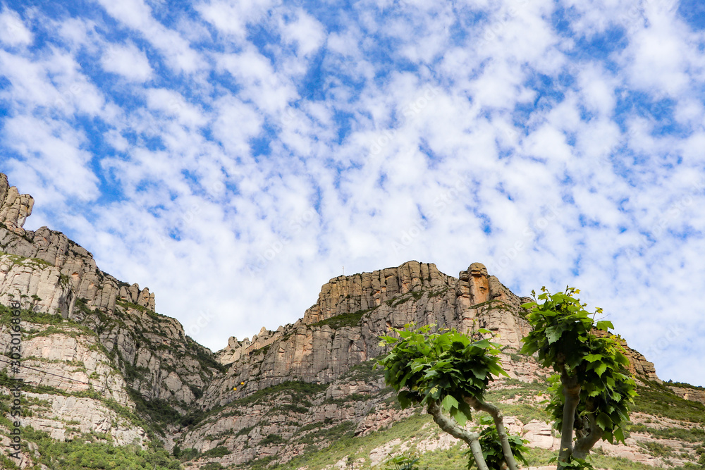 view from the cable cars climbing to the top of Santa Maria de Montserrat abbey in Monistrol, Catalonia, Spain