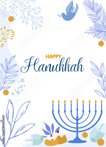 Happy Hanukkah illustration, Jewish Festival of Lights traditional holiday background. Editable vector illustration.