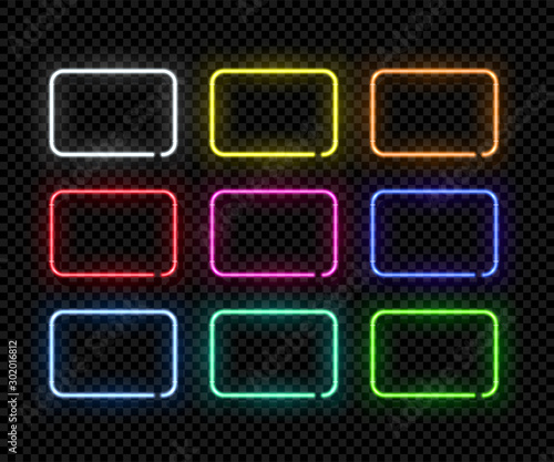 Different color neon frames. Vector realistic neon rectangles isolated on transparent background.